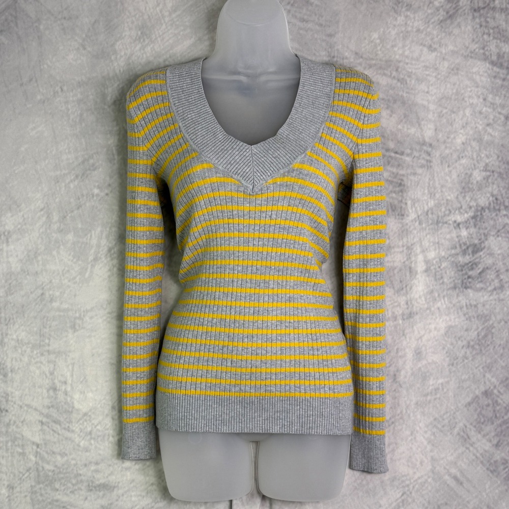 y2k LEI Women's Gray Yellow Striped Ribbed Sweater Sz L elena gilbert bella swan